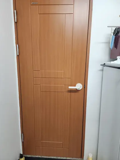 도어 래치 고장 — 새 손잡이가 달린 문 전체